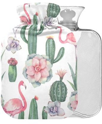 Flamingo-Kaktus-Wärmflasche mit Bezug, 1 l, kleiner Wärmbeutel zur Schmerzlinderung, Krämpfe, BAP-frei