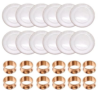 WedDecor 13 Inch Rose Gold Beads Glass Charger Plates Set of 12 with Hammered Design Napkin Rings – Elegant Servingware for Weddings, Parties, and Table Decoration