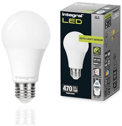Integral LED E27 Non-Dimmable Dusk to Dawn Dual Sensor Frosted GLS Bulb – Cool White 4000K, 470lm, 4.8W (40W Equivalent) - Energy efficient & Ideal for Outdoor, Porch, Garage, Garden, Patio
