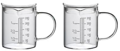 Juego de 2 tazas medidoras de cristal con tapa con asa multifunción para cocina de 250 ml
