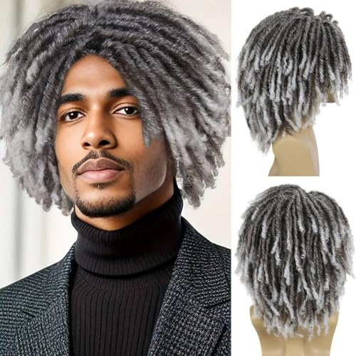 GNIMEGIL Perruque Fake Dreads avec frange ombré-grise Rocker Rasta hommes | mi-longue Faux Loc fibre synthétique