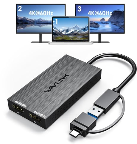 WAVLINK USB 3.0 or USB C to Dual HDMI Splitter Extended Display for Dual Monitor, Displaylink Adapter Dual HDMI 4K 60Hz for Mac M1/M2/M3 or Windows 10/11, Compatible with New MacBook Neo