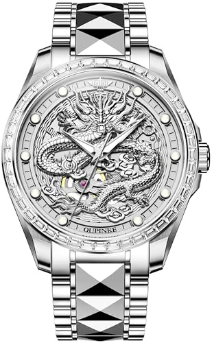 OUPINKE Drachenskelett Herren-Armbanduhr, luxuriöses Kleid, automatisch, selbstaufziehend, mechanisch, Saphirglas, Diamant, wasserdicht, leuchtendes Wolframstahlband, Uhren für Männer, Geschenk