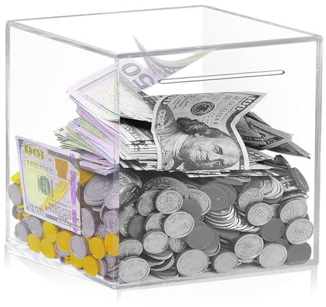 Spardose Transparent, 12× 12× 12cm Quadratisches Klares Sparschwein, Acryl-Spardose, Spardose Nicht zum öffnen, Münzen Banknoten Geldsparbox Durchsichtig Anwendbar auf Erwachsene und Kinder