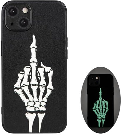 X spirit Skull Phone Case for iPhone 15, Middle Finger, Cool Skeleton Goth Dark Edgy Gothic Emo Luminous Design, Rock n Roll Style, Light Up Glow in The Dark, Leather Finish (iPh 15-Middle Finger)