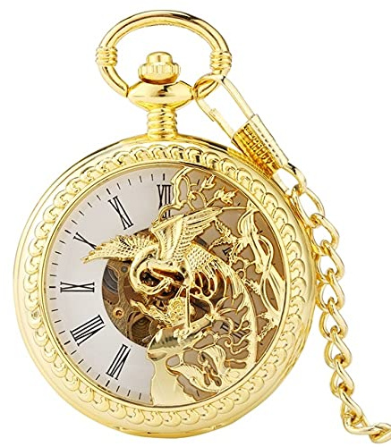 YIHANSS Retro Bronze Phoenix Carving Hollow Cover Double Open Case Taschenuhr Mechanische Handaufzug FOB Kettenuhr für Männer Frauen