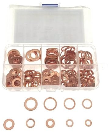JZK 200x Surtido de arandelas de sellado de cobre métricas M5 M6 M8 M10 M12 M14 para tapón de drenaje de aceite y freno de motocicleta, juego surtido de anillos de sellado de metal