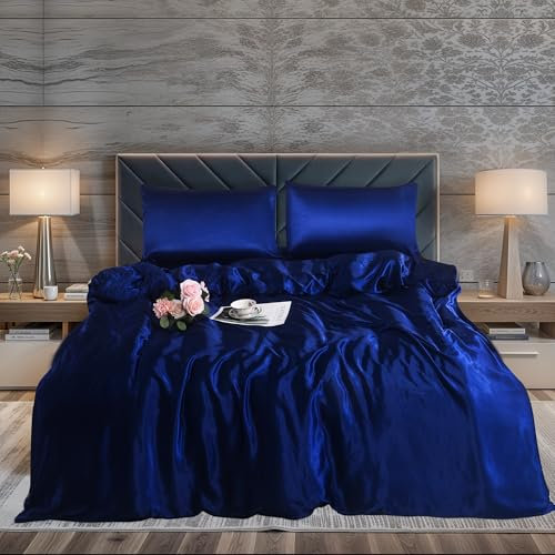 ZIMEL HOMES 3 piece-Satin Duvet Cover Set Soft bedding shiny silky bedding sets - duvet cover, 2 pillowcases (Navy, Double)