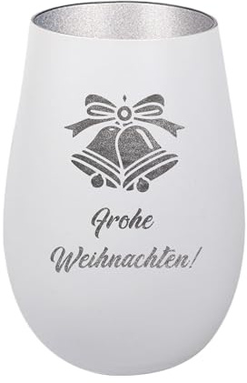 Der-Porzellan-Laden Windlicht mit Gravur Frohe Weihnachten Weiß Silber | Glocke, Teelichthalter Weihnachten aus Glas, Weihnachtsdeko Tischdeko