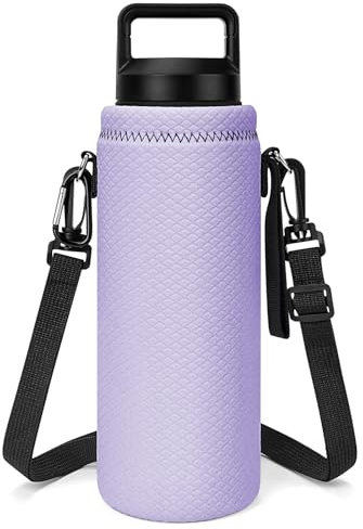 Linkidea Porte-bouteille d'eau compatible avec la bouteille d'eau YETI Rambler 36 oz, la bouteille d'eau Yonder 1,5 L/50 oz, sac à bandoulière isolé en néoprène avec dragonne (Violet clair)