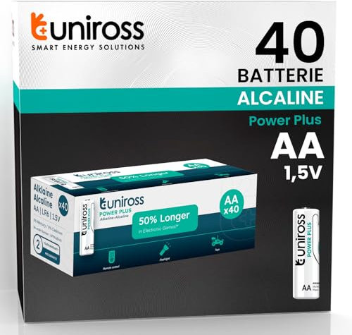 Uniross Power Plus AA Batteries, 40 Pack. Long-Lasting Alkaline Power. 7 Year Shelf Life. Leak Proof.