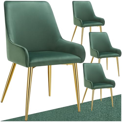 tectake® Set of 4 Dining Chairs with Soft Covers in Velvet Look, Thickly Padded Armchair Set with Ergonomic Design & Sturdy Steel Legs, Ideal as Kitchen Chairs, Dining & Living Room Armchairs - Green