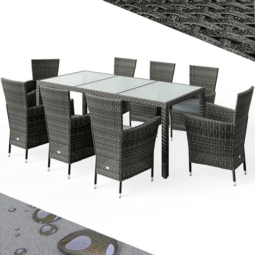 Casaria® Gartenmöbel Polyrattan 8 Stühle Stapelbar 190x90cm Gartentisch Glas Wetterfest Outdoor Modern Terrasse Sitzgruppe Essgruppe Garnitur Set Grau