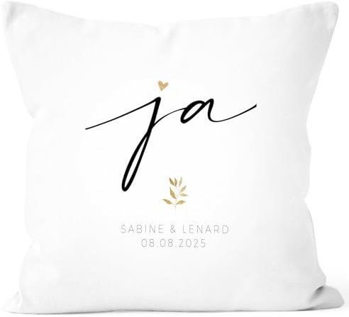 SpecialMe® Kissen-Bezug zur Hochzeit personalisiert mit Namen und Datum Ja Schriftzug Hochzeitsgeschenk Kissenhülle Weiss Standard