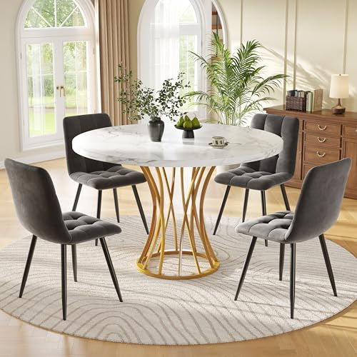 Huayz Mesa de Comedor Redonda Moderna con 4 Sillas - Juego de Cocina de Mármol Blanco y Gris, 80 cm de Diámetro