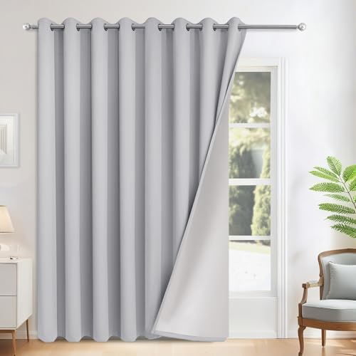 Yakamok Hellgraue Verdunkelungsvorhänge, 100 % Verdunkelung, extra breit, Fensterbehandlung mit 2 dicken Schichten, grau, wärmeisoliert, 1 Paneel für Wohnzimmer, Terrassentür, 254 x 213 cm Länge
