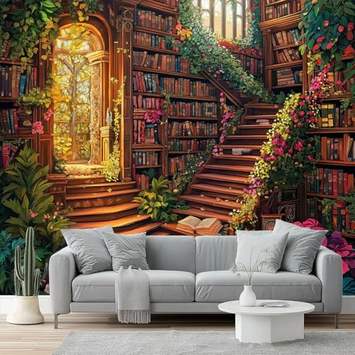 Wall Wallpaper Mural Fantasy Magic Library, 300 x 210 cm Large Non-Woven Wallpaper Murals for Living Room Bedroom Office TV Background Decor, Brown Bookshelf Photo Wallpapers