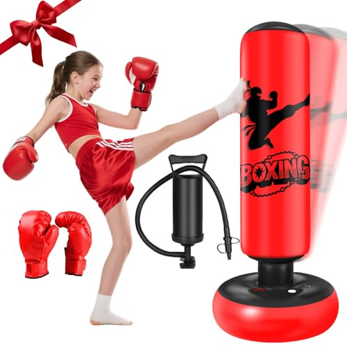 Ninonly 130cm Sac de Frappe Enfant avec Gants et Pompe Rouge