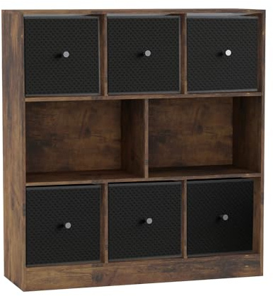 URBNLIVING 8 Cube Asymmetrical Bookcase with 6 Fabric Storage Drawers, Modern Freestanding Shelving Unit for Books, Toys & Decor, Engineered Wood Organizer Cabinet for Home & Office