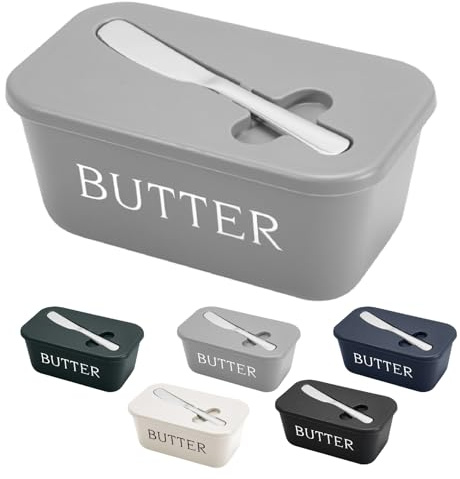 Butter Dish with Lid, Large Butter Container Keeper Storage with Stainless Steel Butter Knife Spreader, Light PP Butter Holder Tray, for Countertop Kitchen Accessories (Grey, 1000ml)