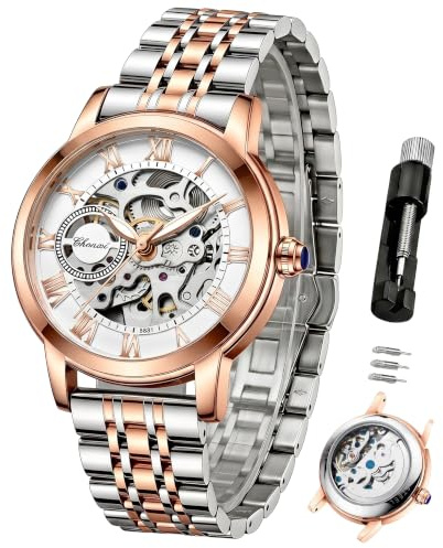 Verhux Montre élégante pour femme squelette automatique bicolore or rose et argent en acier inoxydable étanche Luminos, Montres L8831 Laides