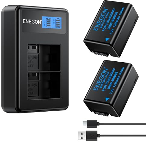 ENEGON 2er-Pack DMW-BMB9/BMB9E Akkus 1250mAh mit Doppel-Ladegerät | Inkl. USB-C Kabel & LCD-Anzeige, passend für Panasonic Lumix FZ45/FZ48/FZ62/FZ72/FZ80/FZ82/FZ83/FZ100/FZ150