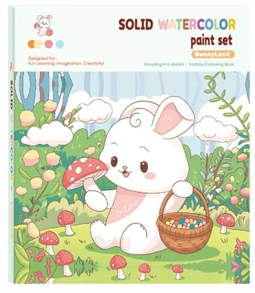 Canollo Hasen Malbuch mit Wasserfarben für Kinder, 12 Farben 3-in-1 Malset mit 3 Arten Malvorlagen & Pinsel, Kreatives Aquarell-Malset für Kunst & Basteln, Malaktivität für Kinder