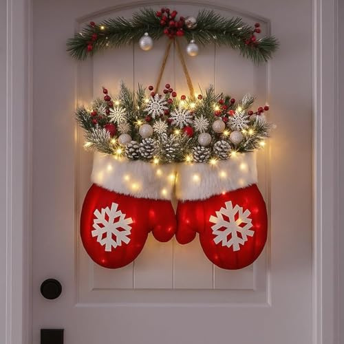 Weihnachts-Handschuhkranz mit festlichem Design, Kunsthandwerkliche Türdekoration für die Festzeit, Wohnliche Girlande mit winterlichen Motiven, Vorgefertigte Dekoration für Haustür und Eingangsbereic