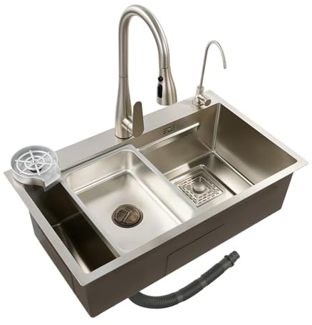 Mqwdxzfes Évier de cuisine en acier inoxydable 304 avec robinet - Multifonction avec douchette extensible et chasse à tasse - Revêtement nano - Grand lavabo pour la maison, la cuisine, le restaurant