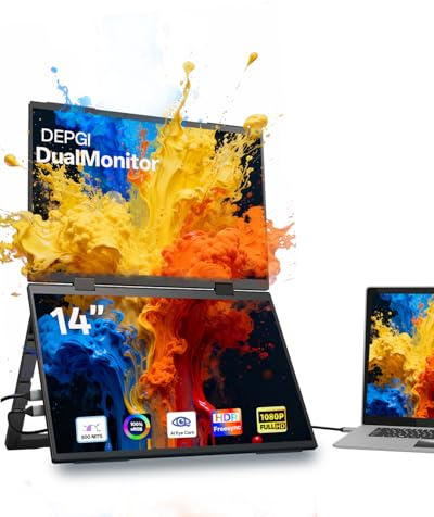 DEPGI 14 Dual Portable Display Extender, Dual Stacked Portable Monitor Fits 13-16 Inch Laptops, Foldable Triple Display with 30W PD Adapter, USB-C with a