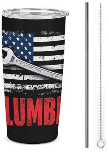 Melbrakin Plumber Plumbing America Flag Wrench Insulated 20 Oz Stainless Steel Tumbler, Vacuum Double Wall Travel Car Cup with Straw Lid for Men Women Coffee Gifts
