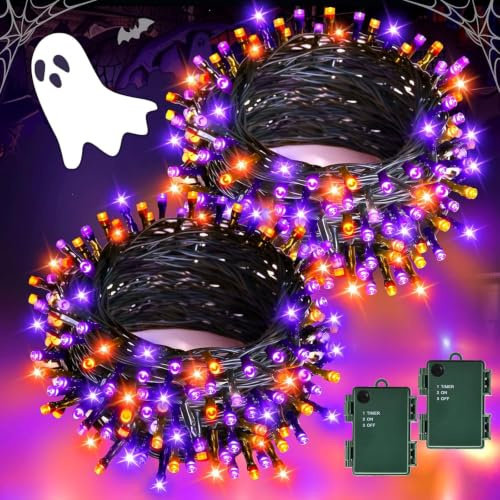 Halloween Lights Outdoor, Total 10M 100LED Orange and Purple Fairy Lights Battery Operated with Timer IP65 Waterproof, for Halloween Decorations Outdoor Indoor, Autumn, Window, Fall Decor, 2Pack