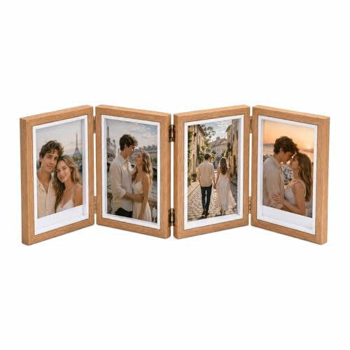 Vetin Bilderrahmen für 4 Bilder 10x15cm, aufklappbarer Holzbilderrahmen | Holz, Mehrfach Fotorahmen Collage Schreibtisch Büro Familie Geschenk Geburtstag Hochzeit