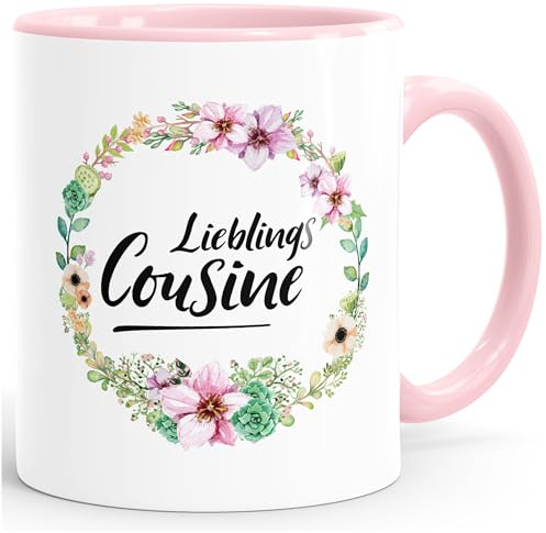 MoonWorks Kaffee-Tasse Geschenktasse Geschenk für Cousine Lieblingscousine Blumen Bordüre Blumenranke Blüten Familie Rosa unisize