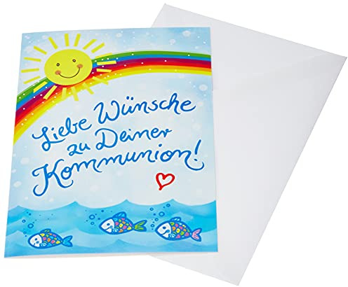 Perleberg Kommunionskarte mit weißem Umschlag 11,6 x 16,6 cm - Hochwertige Glückwunschkarte zur Kommunion - Regenbogenmotiv - Karte zur Kommunion Mädchen & Jungen - Ideal für Geldgeschenke