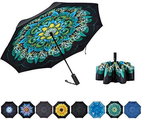 NOORNY Umgekehrter Regenschirm, doppellagig, automatisch, faltbar, winddicht, UV-Schutz, für Regen, Auto, Reisen, Outdoor, Herren, Damen, Pfauenmotiv