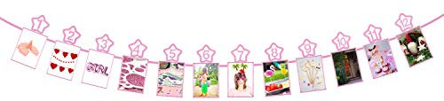 Oblique Unique® Monatsgirlande 12 Monate mit Sternen für Babyshower Babyparty Jungen und Mädchen Geburtstag Hängedeko Dekoration (Rosa)