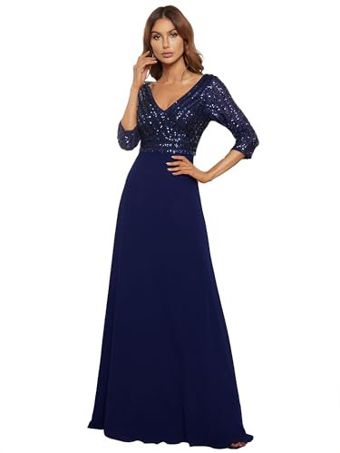 Ever-Pretty Damen V-Ausschnitt Pailletten Lange Ärmel Abendkleider Bodenlang A-Linie Elegant Chiffon Navy Blau 56