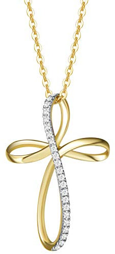 FANCIME Damen Halskette mit Minimalist Kreuz Christian Anhänger aus 14 Karat 585 Gelb Gold mit echt Diamant 0.115 ct Schmuck - Verstellbar Kettenlänge: 40 + 5 cm
