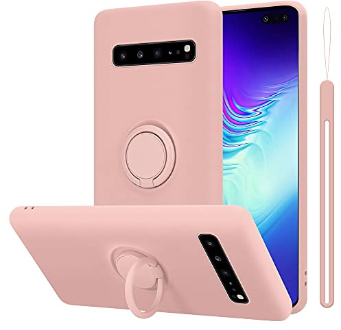 Cadorabo Hülle kompatibel mit Samsung Galaxy S10 5G Schutzhülle TPU Silikon Case Liquid Design mit Ring Slim Kratzfest Liquidsilikon Microfaser Case Hülle für Galaxy S10 5G in Rosa