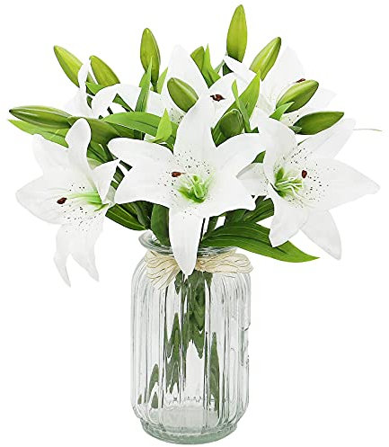 HAOSHICS 6 fiori artificiali di giglio, bouquet di giglio finti, in lattice, fiori veri al tatto, per casa, ufficio, matrimoni, feste, vasi, centrotavola, decorazione (bianco)