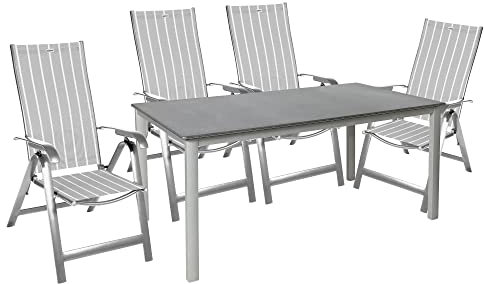 acamp Aluminium Gartenmöbel Set wetterfest | Acatop 4er Set Gartenstühle klappbar mit Verstellbarer Lehne | Acaplan Gartentisch 160x90 cm mit Niveauausgleich | Terrassenmöbel Set in Platin/Denver