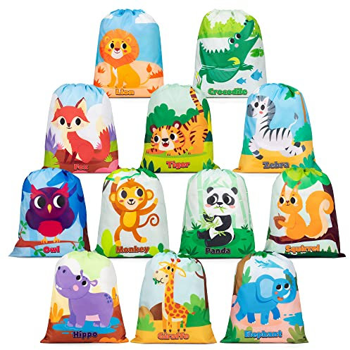 Mocoosy 12pcs Tier Partytaschen Kordelzug Rucksäcke, Wiederverwendbar Tier Kordelzugtaschen für Kinder Party Geschenktüten, Dschungel Goodie Taschen für Jungen Mädchen Tier Thema Geburtstag Party