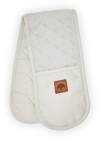 BO877007 Barbary & Oak Cotton Double Oven Glove with Leather Detail, Quilted Stitching, Cream