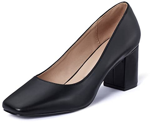 GENSHUO Zapatos de tacón bajo Grueso para Mujer con Puntera Cuadrada, Tacones sin Cordones, Puntera Cerrada, Oficina, Trabajo, Iglesia, Boda, Zapatos de Vestir, Negro Mate, 37 EU