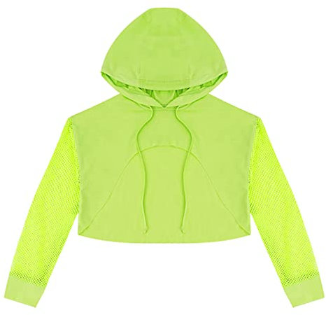 ranrann Kids Girls Sheer Mesh Cropped Hoodie Long Sleeve Dance Crop Tops Fishnet Pullover Hooded Tops Fluorescent Green 13-14 Years