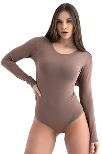Evoni Damen-Body I Bodysuit mit Rundhals für Frauen I Langarm-Body in verschiedenen Farben I Optimale Alternative für Sport & Freizeit S Braun
