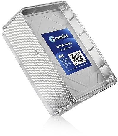 Coppice Bandejas de Aluminio para Hornear, Asar, Parrilla, Barbacoa y Conservación de Alimentos | Apto para Horno, Microondas y Congelador | 32 x 20 x 3 cm (Pack de 30)
