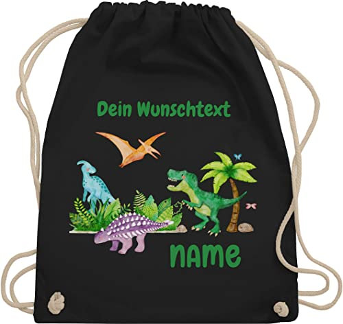 Turnbeutel Rucksack - Tiere - Dino Dinos Dinosaurier - Unisize - Schwarz - dinosaurier-rucksack personalisierte kindergarten beutel tier name stoffbeutel kinder wäschebeutel kita tieren
