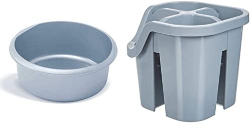 Addis 518458 Eco Made from 100% Plastic Round Washing Up Bowl, 7.7 Litre, Recycled Light Grey, 34 x 34 x 13cm & Eco 100% Recycled Plastic Cutlery Utensil Drainer Tray Holder Caddy, Light Grey